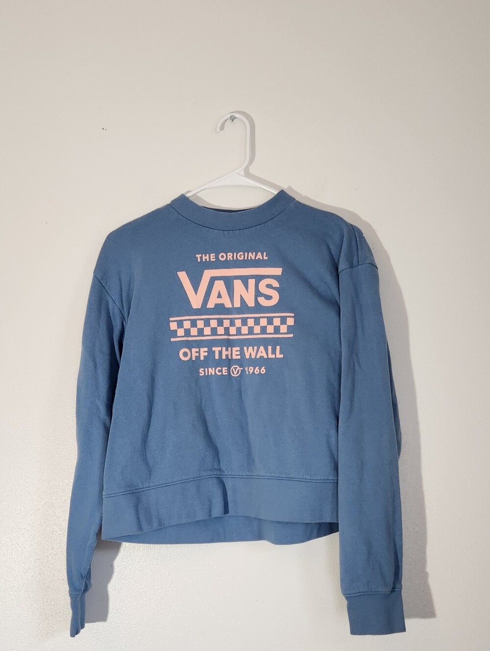 Vans Women's Dusty Blue Crewneck Sweatshirt with Pink Logo